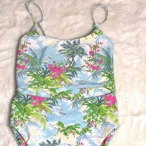 Skatie Tropical Island Print Cutout Blue One Piece Swimsuit Palm Trees XS